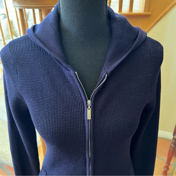 Vintage Navy Blue Cyrus Zip Front Rayon Blend Sweater With Hood Size Large - Picture 2 of 6
